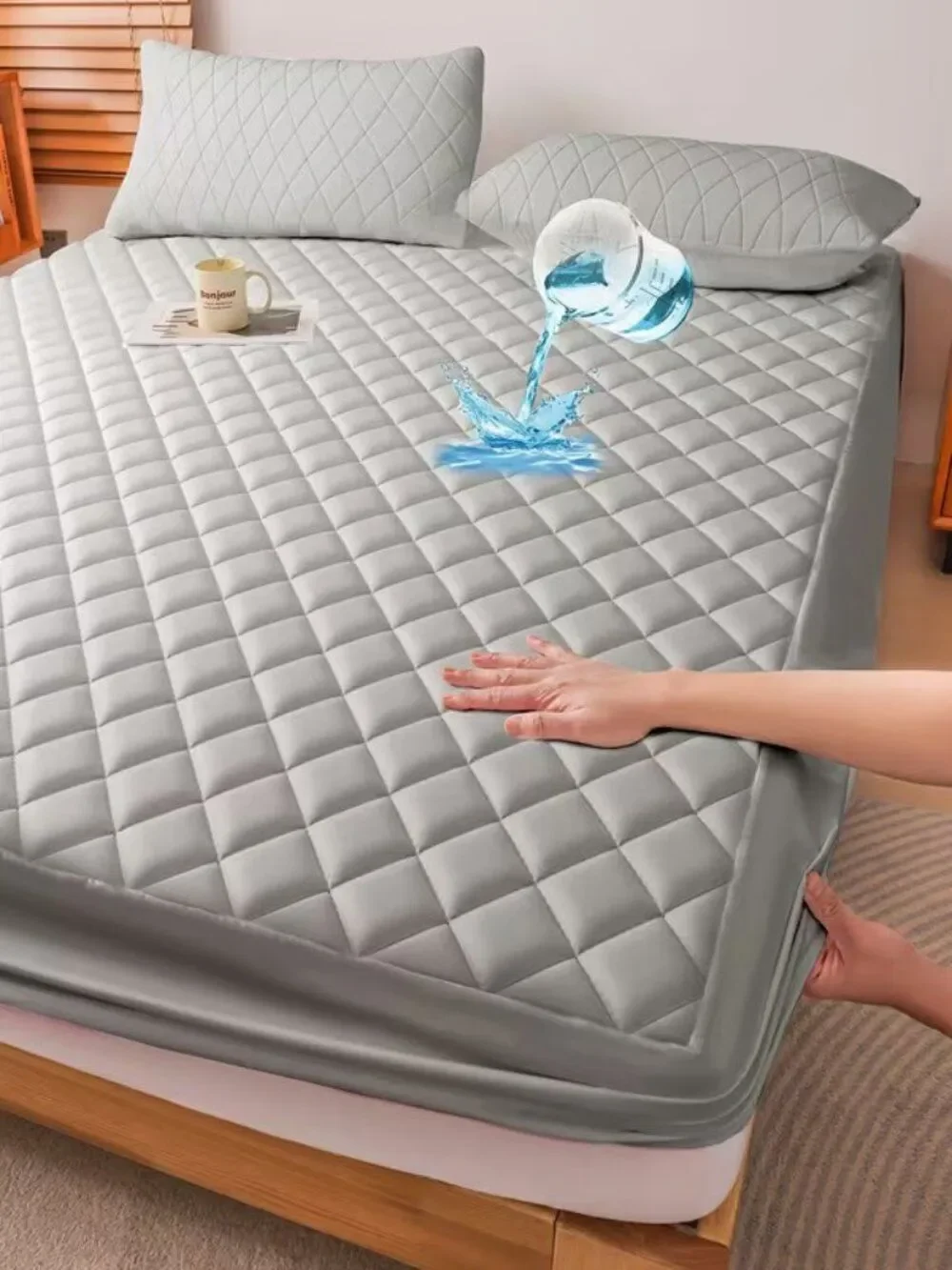 1Pc Waterproof Mattress Protector, Thickened Friendly Solid Color Quilted Cover